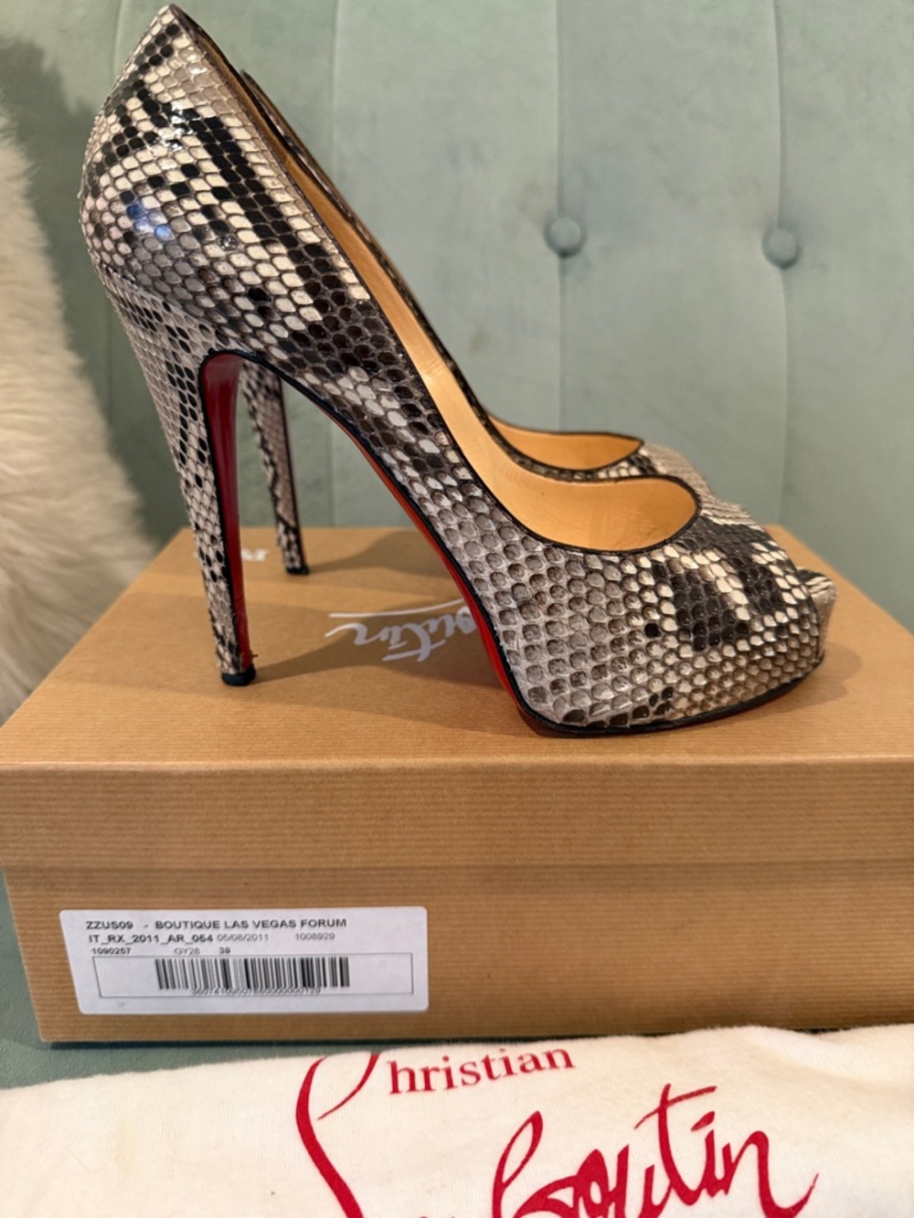 Christian Louboutin Black & White python Peep-Toe Pumps 39
